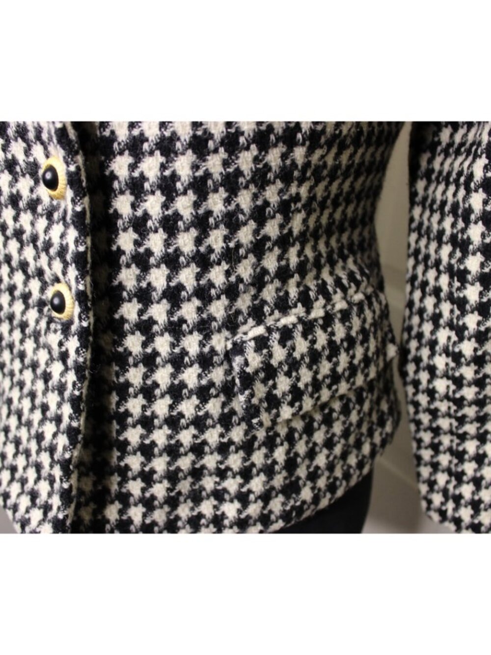 Saville Old Money Vintage Wool Houndstooth Blazer Sz 10 Black Ivory Gold Button - Picture 7 of 12